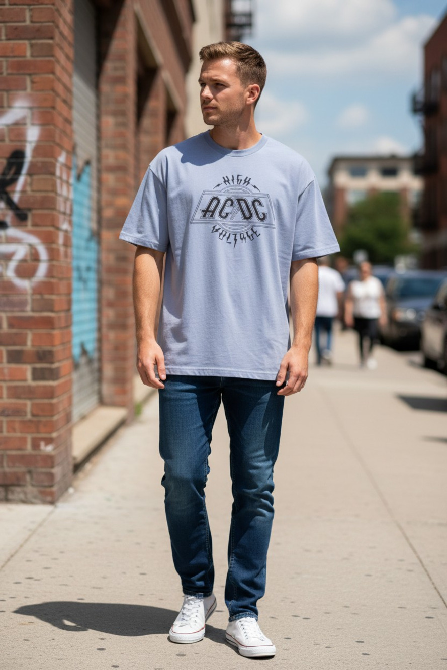 AC/DC High Voltage Graphic T-Shirt Color: Mineral Washed Light Blue Size:XL